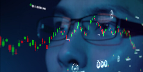 Poster - Business finance investment concept, businessman eye close up and graph chart diagram computer monitor trading screen data analysis.