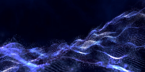 Fototapete - Abstract shiny colorful glow defocused digital particle waves with bokeh. Plexus background with shiny light dust and glitter line dots. 3D render of technology science, big data, and network backdrop