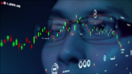 Poster - Business finance investment concept, businessman eye close up and graph chart diagram computer monitor trading screen data analysis.