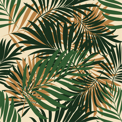 Wall Mural - Palm leaves. Seamless pattern with leaves of tropical plants with blooming flowers. Vector floral design. Set.