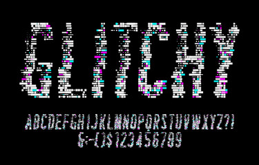 Poster - Glitchy alphabet font. Digital letters and numbers. Stock vector illustration.