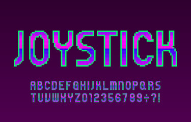 Poster - Joystick alphabet font. Pixel letters and numbers in 80s video game style. Stock vector typeface.