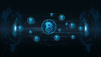 Poster - Investment concept and exchange electronic currencies.Bitcoin digital currency  digital money technology on Dark blue background.fintech world finance concept, vector illustration. 
