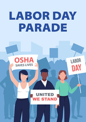 Poster - Labor day parade poster flat vector template. Organizing peaceful rallies. Brochure, booklet one page concept design with cartoon characters. American labor movement flyer, leaflet with copy space