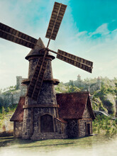 Fantasy Scene With A Medieval Windmill And A Castle On The Hill In The Background. 3D Render.