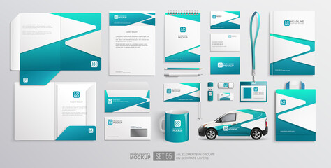 Wall Mural - Branding identity Stationary items and objects Mockup of folder, letterhead, delivery van, bag. Blue colour abstract minimalistic Corporate Brand Identity design on stationery. Vector template