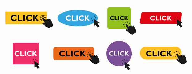 Poster - Set of colored buttons Click Here with hand or mouse cursor, isolated on white background. Click here vector web button. UI button concept. Call to Action Button. Vector illustration