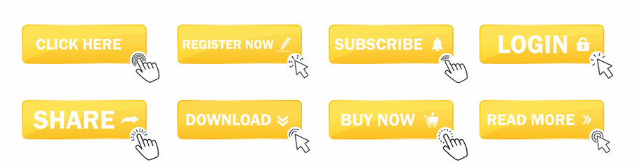 Poster - Click cursor set button with hand or mouse cursor. Computer mouse cursor or hand pointer symbol. Click here. Buttons of subscribe, register, login, share, buy, read more, download. Flat vector