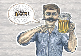 The brewer, (or a man who drinks beer) pointing with a hand gesture at the mug with beer and speech bubble.