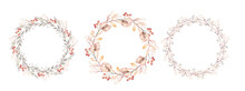 Watercolor Autumn Wreath Illustration.Floral Frame With Gold Branches, Leaves And Berries. Set Of Autumn Forest Plants. Collection Of Herbarium Garden.