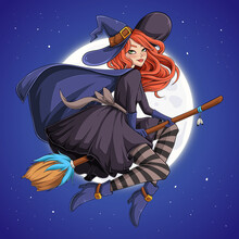Halloween Beautiful Witch, Redhead Woman With Hat On Flying Broom In Night Sky Over Full Moon