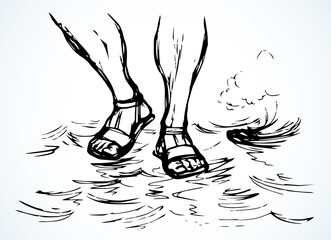 Wall Mural - Legs walk on the water. Vector drawing