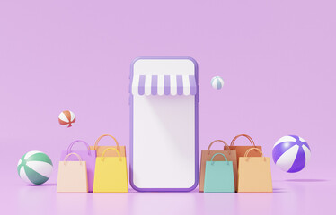 Poster - shopping online concept. smartphone shop store and shopping bag on purple background minimal style, 