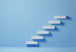 3d rendering illustration abstract staircase. White block staircase on blue background minimal style with copy space. Business growth, plan for successful goal target, quality improvement concept.
