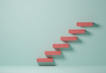 3d Rendering Illustration Abstract Staircase. Red Block Staircase On Green Background Minimal Style With Copy Space. Business Growth, Plan For Successful Goal Target, Quality Improvement Concept.