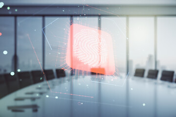 Poster - Double exposure of virtual creative fingerprint hologram on a modern boardroom background, protection of personal information concept