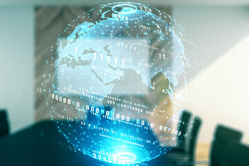 Poster - Abstract virtual coding illustration and world map on a modern coworking room background, international software development concept. Multiexposure