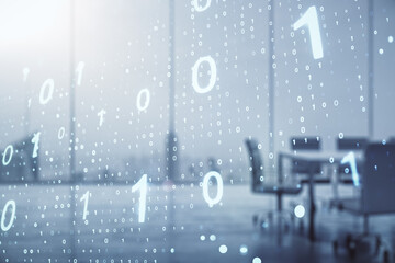 Poster - Double exposure of abstract virtual binary code hologram on a modern meeting room background. Database and programming concept