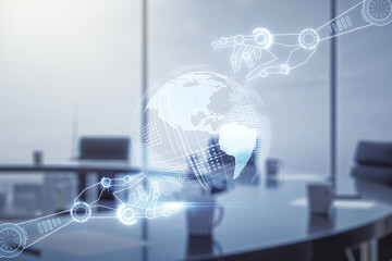 Aufkleber - Abstract virtual robotics technology sketch with globe on a modern boardroom background, future technology and AI concept. Double exposure