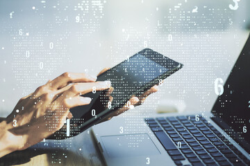 Poster - Multi exposure of abstract software development hologram with world map and finger presses on a digital tablet on background, global research and analytics concept