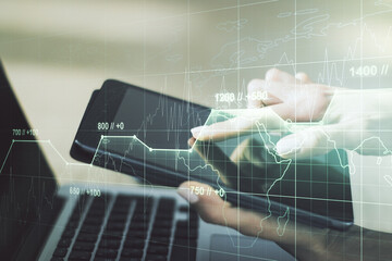Poster - Abstract creative stats data concept with finger clicks on a digital tablet on background. Multiexposure