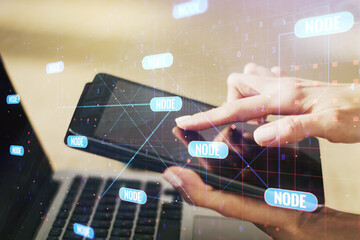 Aufkleber - Double exposure of abstract programming language hologram with finger clicks on a digital tablet on background, research and development concept
