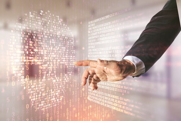 Poster - Man hand clicks on abstract virtual code skull hologram on blurred office background, cybercrime and hacking concept. Multiexposure