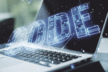 Poster - Creative Code word sign on modern computer background, international software development concept. Multiexposure