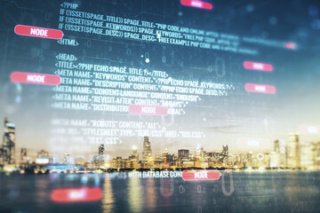 Poster - Multi exposure of abstract graphic coding sketch on Chicago cityscape background, big data and networking concept