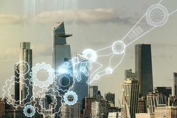 Poster - Abstract virtual robotics technology hologram on New York city skyline background. Robot development and automation concept. Multiexposure
