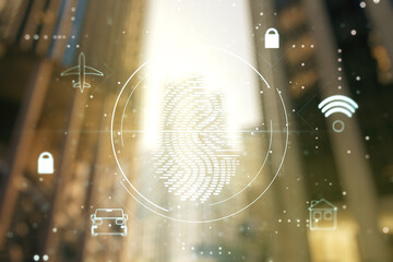 Poster - Multi exposure of virtual fingerprint scan interface on blurry cityscape background, digital access concept