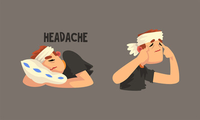 Poster - Sick Man with Bandaged Head Having Headache Massaging Temple and Lying on Pillow Vector Set