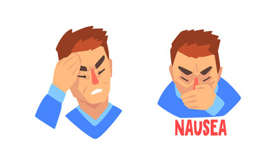 Sticker - Man Suffering from Severe Headache Holding Hand Against Forehead and Vomiting Vector Set