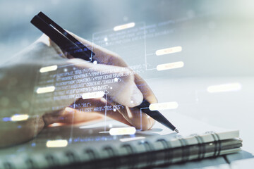 Poster - Multi exposure of abstract programming language hologram with man hand writing in notepad on background, artificial intelligence and machine learning concept