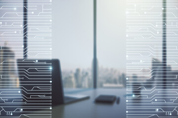 Poster - Creative abstract micro chip hologram and modern desktop with pc on background, artificial intelligence and machine learning concept. Multi exposure