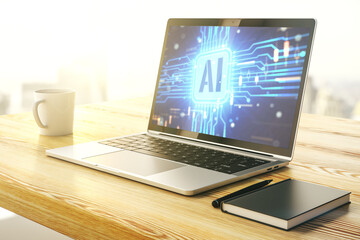Poster - Modern computer monitor with creative artificial Intelligence icon. Neural networks and machine learning concept. 3D Rendering