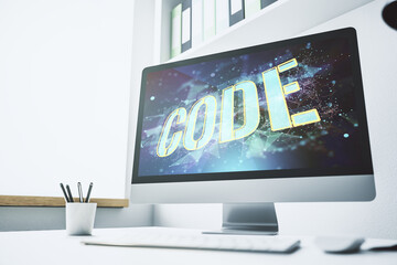 Fototapete - Creative Code word sign on modern computer monitor, international software development concept. 3D Rendering