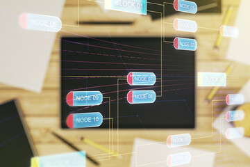 Poster - Multi exposure of abstract creative coding sketch and modern digital tablet on background, top view, artificial intelligence and neural networks concept