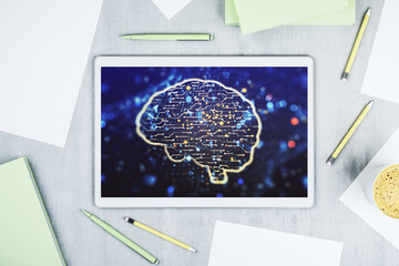 Poster - Top view of modern digital tablet screen with creative human brain microcircuit. Future technology and AI concept. 3D Rendering