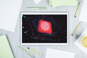 Poster - Modern digital tablet monitor with abstract fingerprint scan interface, digital access concept. Top view. 3D Rendering