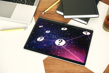 Aufkleber - Creative abstract question mark sketch on modern digital tablet screen, FAQ and research concept. Top view. 3D Rendering