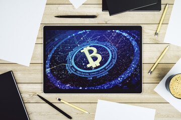 Poster - Creative Bitcoin concept on modern digital tablet screen. Top view. 3D Rendering