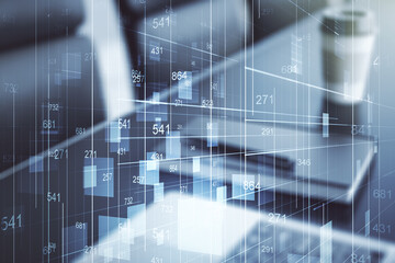 Poster - Double exposure of abstract creative statistics data hologram on laptop background, statistics and analytics concept