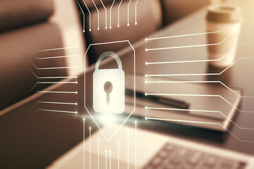 Poster - Creative idea concept with lock symbol and microcircuit illustration on modern laptop background. Protection and firewall concept. Multiexposure