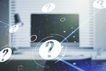 Aufkleber - Creative concept of question mark illustration on modern laptop background. FAQ and search concept. Multiexposure