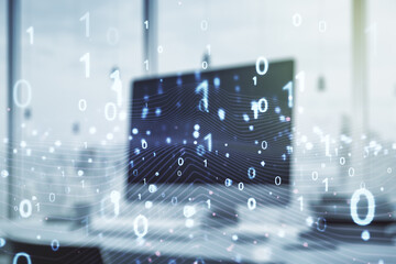 Aufkleber - Creative abstract binary code sketch on modern laptop background, hacking and matrix concept. Multiexposure