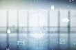 © Pixels Hunter - Multi exposure of virtual creative fingerprint hologram on empty corporate office background, personal biometric data concept