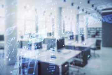 Poster - Double exposure of abstract creative programming illustration on a modern furnished office interior background, big data and blockchain concept