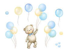 Cute Little Bears Boys With Blue And Gold Air Balloons.Watercolor Illustration For Baby Boy Shower Isolated On White Background.