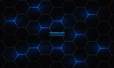 Poster - Dark hexagonal abstract vector technology background. Blue bright energy flashes under hexagon in modern technology futuristic background vector illustration. Dark honeycomb texture grid.